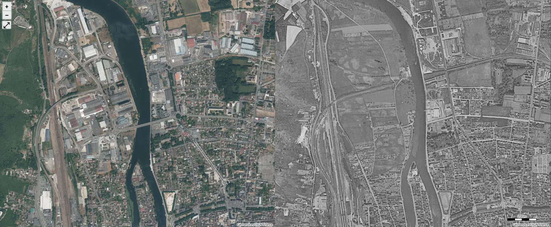 Vue aérienne du pont détruit en 1950